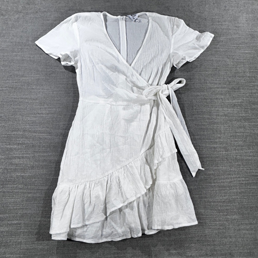 Princess Polly Mini Wrap Dress Womens 4 White Excellent Ruffle Flutter‎ Sleeve